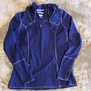 Blue athletic quarter-zip with hood
